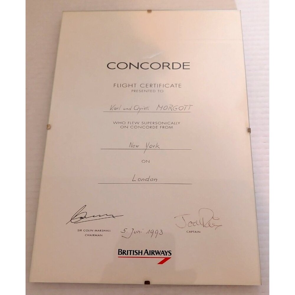 British Airways Concorde Flight Certificate Hand signed Captain 1993 NY London